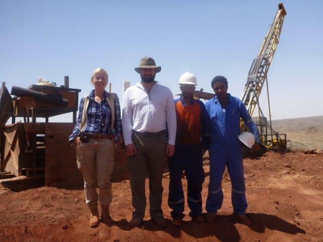 James Yates, geologist; Jasser Haroun, drill assistant; Mohamed Raslan, geology assistant, and Danae Voormeij, Exploration Manager, at Hamama gold-rich VMS project in Egypt's Central Eastern Desert. Photo courtesy Alexander Nubia International Inc.