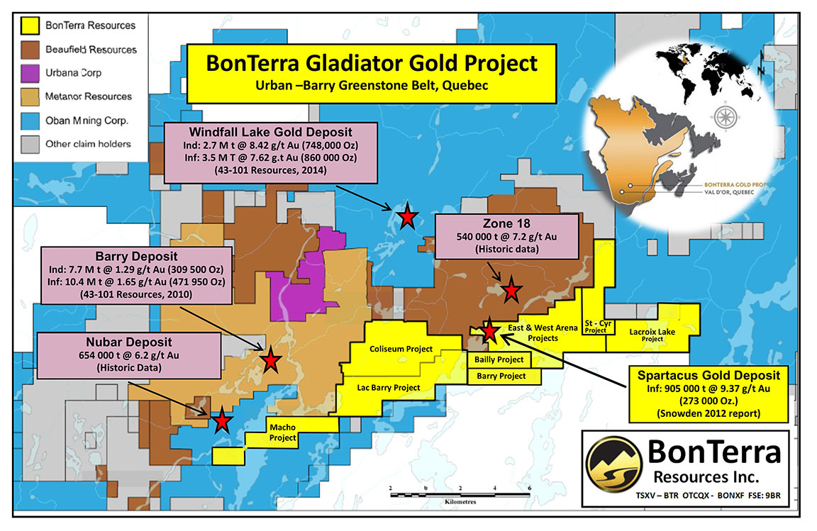 Gladiator Gold Project claim map. Source: Bonterra Resources Inc.