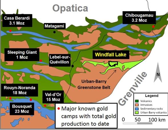 Location map of northwest Quebec showing Oban Mining’s Windfall Lake gold project. Source: Oban Mining Corp.
