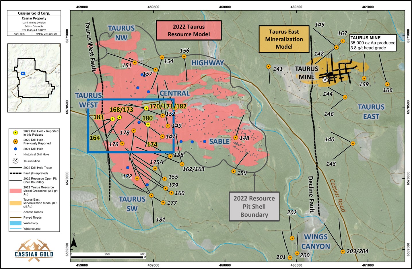 Cassiar Gold Expands Gold Mineralization at Taurus West Intersecting 71.6 m of 1.54 g/t Au Including 23.5 m of 3.68 g/t Au thumbnail